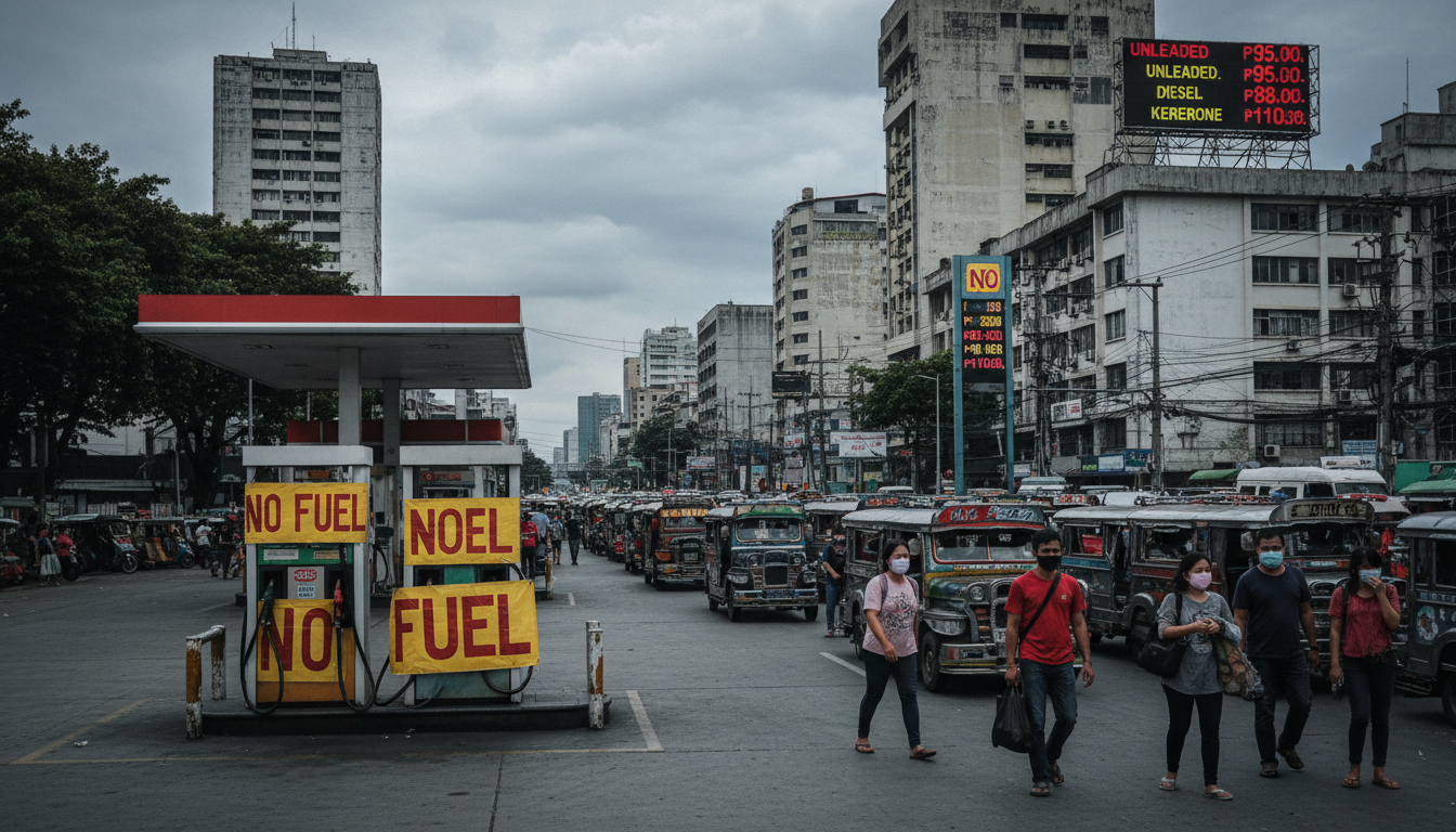 A dramatic urban scene in Manila, Philippines during an economic crisis. Empty gas station with "No Fuel" signs, long lines of jeepneys and tricycles waiting, worried Filipino commuters on the street. Overcast sky suggesting uncertainty. In the background, city buildings and a large digital price board showing high fuel prices. Photojournalistic documentary style, muted colors with hints of yellow and red warning tones, emphasizing economic hardship and daily struggle.